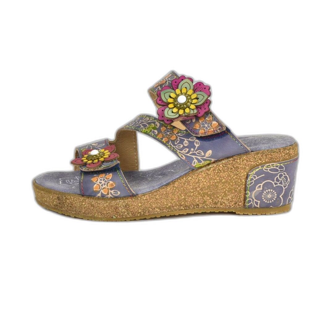 L'Artiste Spring Step Floral Leather Hook Loop Wedge Sandal Size 37